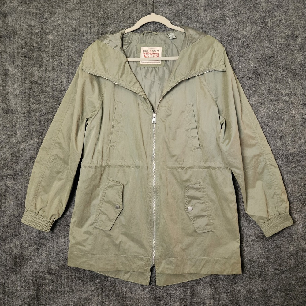 Levis Jacket Womens M Light Green Hooded Rain Utility Lined Cinch Waist Full Zip